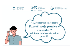 Naslovnica videa o pravicah študentov v zdravstvu. Na njej piše Hej, študentka in študent! Ali poznaš svoje pravice v zdravstvu? Veš, kam se lahko obrneš za pomoč?