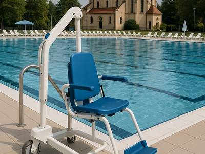 Kopališče za invalide, v ozadju katoliška cerkev